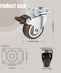 2 Inch Swivel Caster Wheels For Furniture Set Of 4, Heavy Duty Rubber Casters With Locking Plate, Quiet No Noise Design, 600 Lb Capacity, 2 With Brakes And 2 Without, Ideal For Cabinets Tables And Workbenches, shown with dimensions and side view