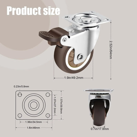 2 Inch Swivel Caster Wheels For Furniture Set Of 4, Heavy Duty Rubber Casters With Locking Plate, Quiet No Noise Design, 600 Lb Capacity, 2 With Brakes And 2 Without, Ideal For Cabinets Tables And Workbenches, shown with dimensions and side view