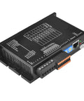 Front view of a black Ethernet-enabled stepper motor driver module with orange terminal block