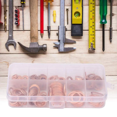 Sweet Set Of Superb Solid Copper Flat Washers Sizes M5 Through M14 Featuring High Conductivity Electrical Grounding For Heavy Mechanical Jobs Plus Quality Durable Hardware Kit Always Inside Handy Storage Box For Everyday Diy Home Repair And Work. Copper washer kit in clear organizer box with assorted sizes for grounding and repair