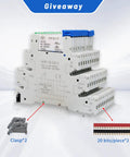 Slim 24V Relay Din Rail 5 Pin SPDT 1NO 1NC 6A 250VAC with LED and socket base, shown with additional components included in giveaway