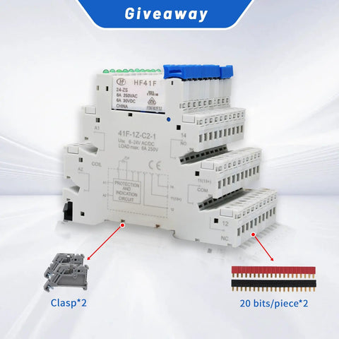Slim 24V Relay Din Rail 5 Pin SPDT 1NO 1NC 6A 250VAC with LED and socket base, shown with additional components included in giveaway
