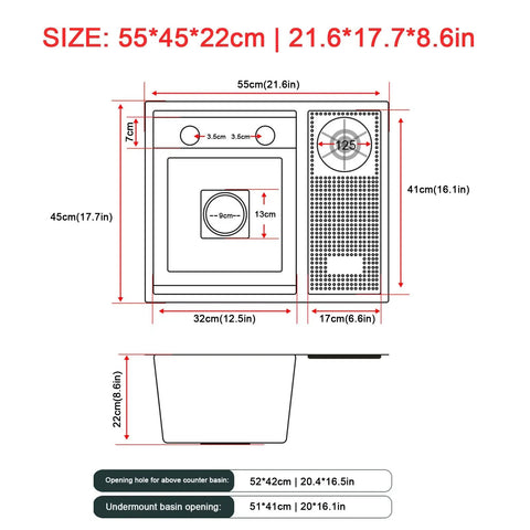 Stainless Steel Kitchen Sink Faucet with Pull Down Sprayer 18 Gauge Modern Design dimensions diagram, 55x45x22cm for installation.