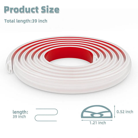 39 Inch Shatterproof Snap Together Shower Threshold Water Dam And Sink Splash Guard flexible silicone strip shown coiled, size details highlighted.