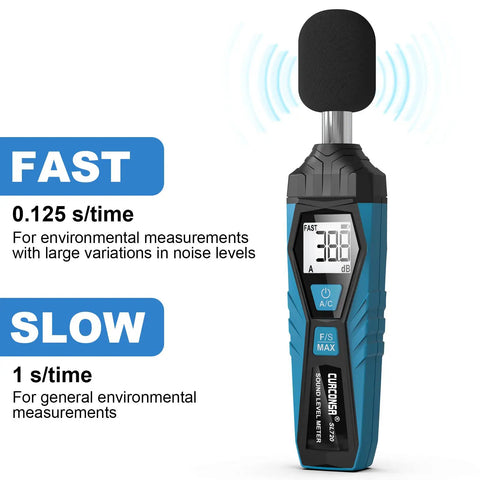 Portable Decibel Meter With LCD Display, Accurate Sound Level Meter For Homes, Factories, Streets And Offices, Measures 30dB To 130dB, Handheld SPL Meter, showing fast and slow settings
