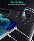MFi Certified 38W Dual Port Car Charger With USB C Turbo Fast Charge connected to iPhone and iPad in vehicle console