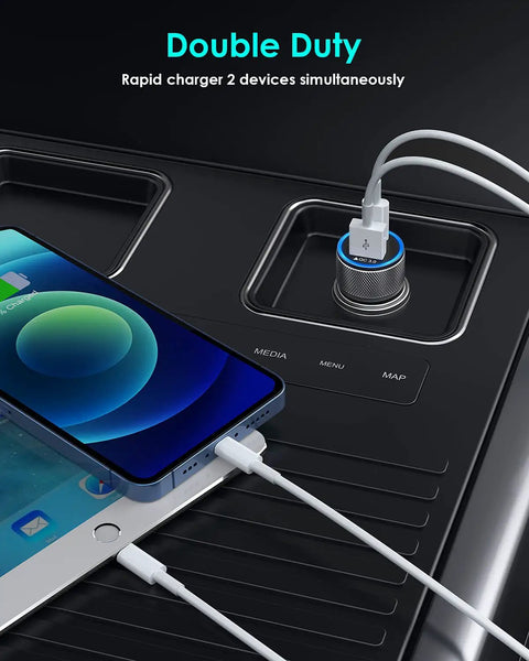MFi Certified 38W Dual Port Car Charger With USB C Turbo Fast Charge connected to iPhone and iPad in vehicle console