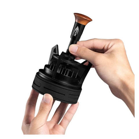 Dope Espresso WDT Tool Featuring Nine Pin Rotary Stirrer being held for clump-free coffee preparation.