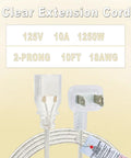 Clear 10 Foot Extension Cord With Flat Plug For Indoor Use Slim 2 Prong Power Cable See Through Design For Christmas Lights Lamps And Home Decor 18 AWG 125V 10A shown with plug and wire details