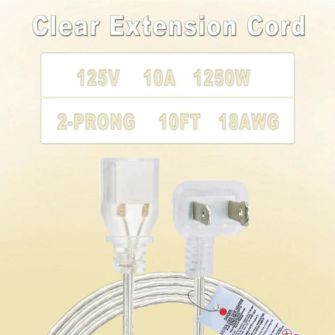 Clear 10 Foot Extension Cord With Flat Plug For Indoor Use Slim 2 Prong Power Cable See Through Design For Christmas Lights Lamps And Home Decor 18 AWG 125V 10A shown with plug and wire details