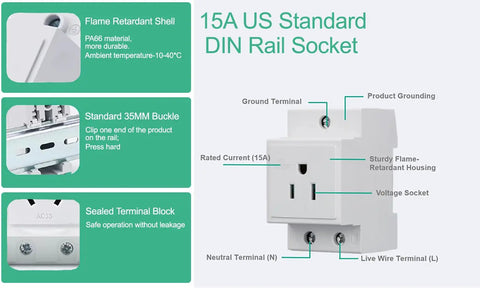 DIN Rail Mount Modular Power Socket Single AC Outlet With Built In Protective Outlet For Distribution Panel US 110 250V 15A