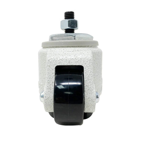 Heavy Duty Retractable Leveling Caster With 2 Inch Nylon Wheels That Roll Smooth And Ratcheting Stemless Build For Lock Tight Equipment Stabilization In Classic Ivory Job Site Gear, front view showing 2 inch wheels.