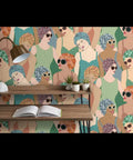 Hella Durable Art Deco Wallpaper Featuring Elegant Feminine Designs With Super Tough Linen Texture Surface And Pvc Free Type Ii Professional Covering For Interiors And Living Rooms on a wall above a wooden desk.