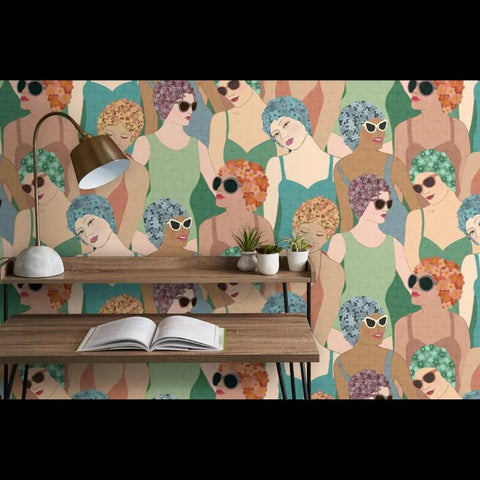 Hella Durable Art Deco Wallpaper Featuring Elegant Feminine Designs With Super Tough Linen Texture Surface And Pvc Free Type Ii Professional Covering For Interiors And Living Rooms on a wall above a wooden desk.