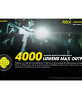 Nitecore P10iX Tactical Flashlight Floodlight 4000 Lumen Beam graphic with performance details and police operation scene.