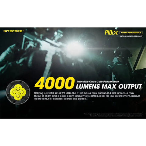 Nitecore P10iX Tactical Flashlight Floodlight 4000 Lumen Beam graphic with performance details and police operation scene.
