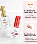 HEMA Free Builder Gel Set With No Wipe Top Coat And Base Coat For Nails shown with base and top coat bottles