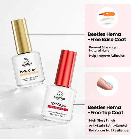 HEMA Free Builder Gel Set With No Wipe Top Coat And Base Coat For Nails shown with base and top coat bottles
