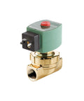 Workhorse Brass Steam and Hot Water Solenoid Valve Half Inch NPT Two Way 120V AC High Temp Coil view of brass valve