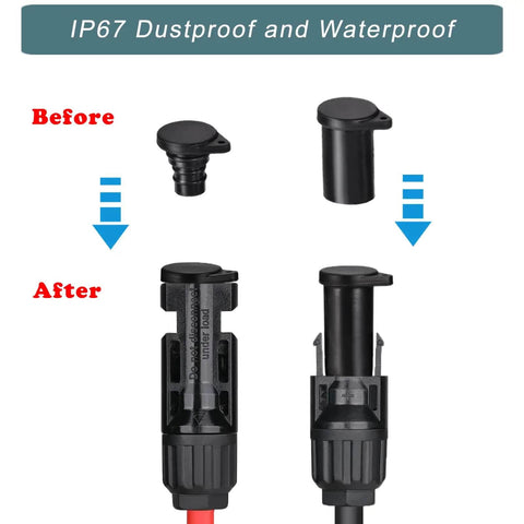IP67 Weatherproof Solar Connector Caps For MC-4 Panels Dustproof End Caps Set installed on connectors for protection