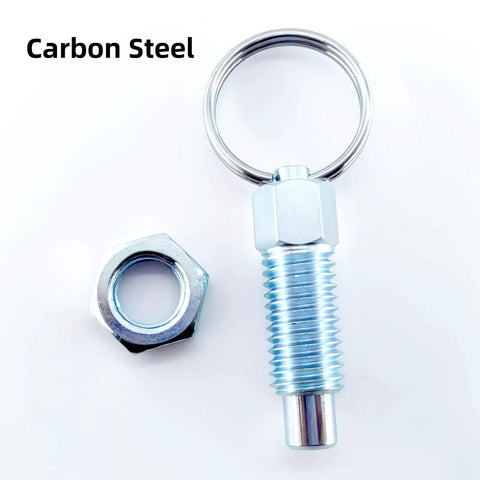 Heavy Duty Four Pack Carbon Steel Spring Plunger With Pull Ring M10x1.5, nut and plunger with pull ring mechanism, 57mm total length.