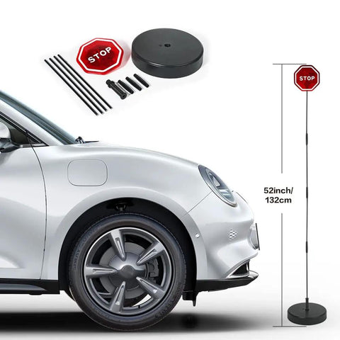 Park Like A Boss Smart LED Reversible Garage Stop Sign With Heavy Duty Base And Flashing Warning Signal For Easy No Sweat Setup and Smooth Daily Driveway Runs next to a car with visible parts.