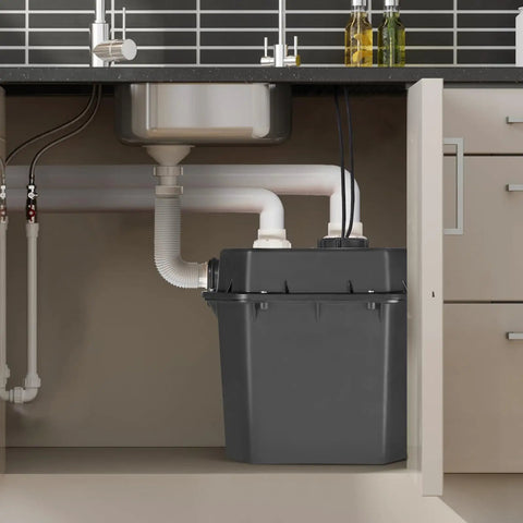 Heavy-Duty 1/2 HP 120V Sump Pump for Under-Sink Use, 3500 GPH, 28 ft Head, 6-Gallon Basin installed under kitchen sink