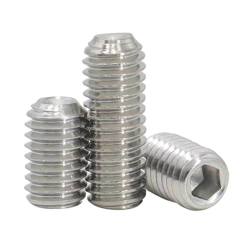 DIY Ready M3 Grub Screws 8mm 0.5mm Pitch, Headless Cup Point And Flat Point Internal Hex Drive, 304 Stainless Steel, shown close-up
