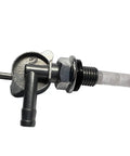 Upgraded Petcock Fuel Tank Shutoff Valve For Generators Predator Engines Go-Karts And Mini-Bikes Replacement Fuel Tap Low Profile Inlet Screen M10x1.25 Thread Easy Install Durable Small Engine Fuel Valve, side view showing metal design and inlet screen filter.