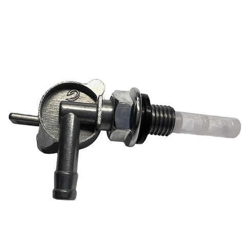 Upgraded Petcock Fuel Tank Shutoff Valve For Generators Predator Engines Go-Karts And Mini-Bikes Replacement Fuel Tap Low Profile Inlet Screen M10x1.25 Thread Easy Install Durable Small Engine Fuel Valve, side view showing metal design and inlet screen filter.