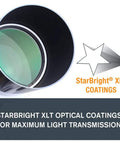 Close-up of Omni XLT 102 Refractor Telescope lens with StarBright XLT coatings, highlighting maximum light transmission.