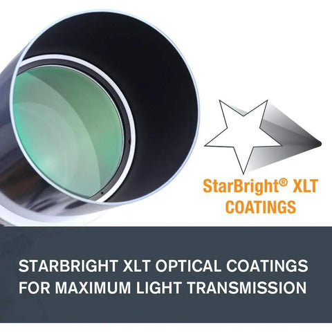 Close-up of Omni XLT 102 Refractor Telescope lens with StarBright XLT coatings, highlighting maximum light transmission.