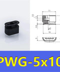 Long Oval Suction Cup For Industrial Pneumatic Systems With Powerful Vacuum Grip Nozzle on white background, black rubber material, size shown in diagram.