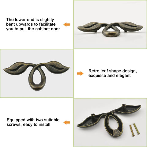 4 Pack Vintage Style Leaf Drawer Pulls 4 Inch Bronze Cabinet Handles for Dresser and Furniture 50mm Hole Distance Zinc Alloy