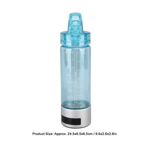 Hydrogen Water Bottle With Sprayer For Direct Inhalation Portable 400ml hydrogen rich cup with blue lid and measurement marks.