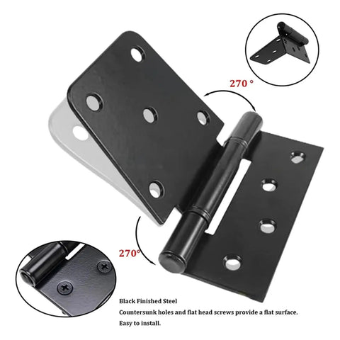 4 Pack 3.5 Inch Heavy Duty Black Iron Gate Hinges For Wooden Barn Doors And Garden Sheds Built Like A Tank With Smooth Swinging Action Rust Resistant Fence Hardware Ready To Roll Out The Box, showing black finished steel hinge with countersunk holes.
