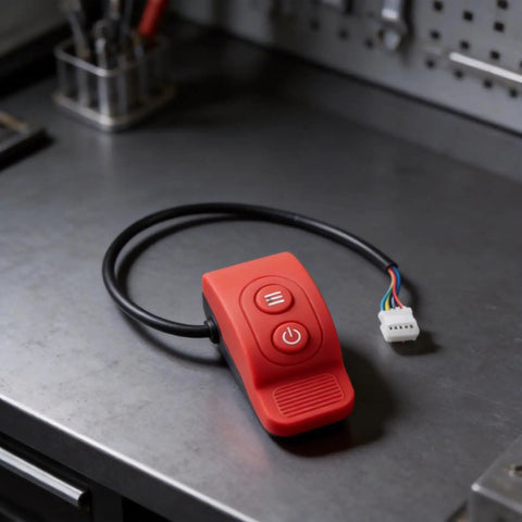 Electric Scooter Thumb Throttle Switch for 5 Wire Controllers, super responsive handle grip replacement in red, durable ABS material.