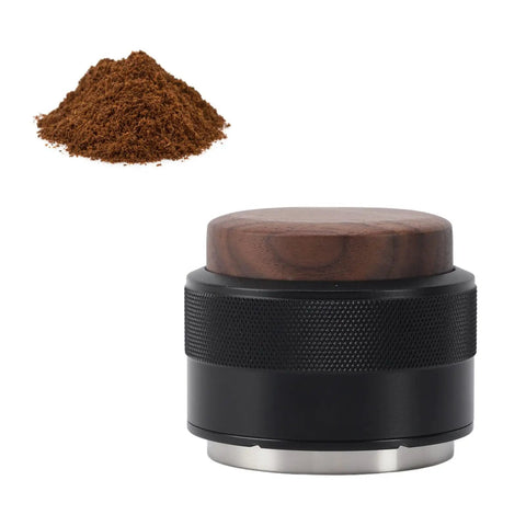 Top Tier 51Mm Black Coffee Distributor And Espresso Tamper For Baristas Stainless Steel Tool with wood top and coffee grounds.