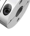 Close-up of a 12mm By 12mm Clamp Style Motor Shaft Diaphragm Coupling Coupler For Servo And Stepper Motors, showing aluminum hub and screws.