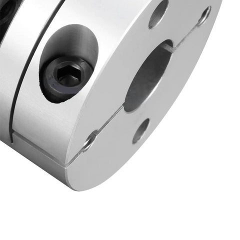 Close-up of a 12mm By 12mm Clamp Style Motor Shaft Diaphragm Coupling Coupler For Servo And Stepper Motors, showing aluminum hub and screws.