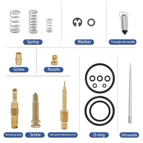 Carburetor Rebuild Kit For Honda Recon TRX250 1997-2005 Includes TRX250ES TRX250EX TRX250TE TRX250TM With Gaskets, Seals, Floats, Needles And Springs For A No-Nonsense, Easy Fix And Smooth Performance showing various parts like springs, screws, and o-rings