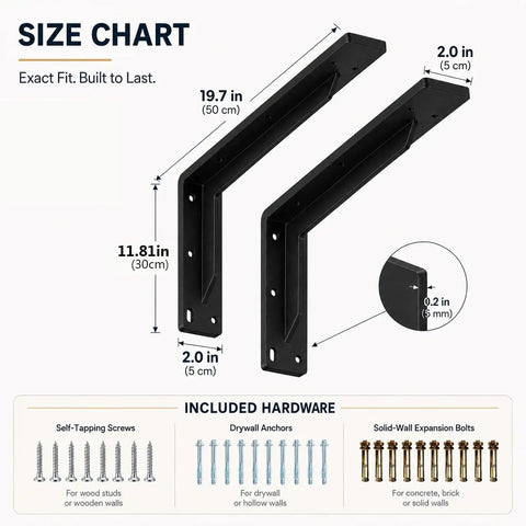 20 Inch Beefy Heavy Duty L Shelf Brackets Black Built From One Fifth Inch Cold Rolled Steel With Solid Welds For Ultra Stable Shelving, Perfect For Wood Metal Or Any Board Materials, Industrial Grade Support For Heavy Loads, size chart with hardware