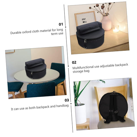 Heavy Duty Adjustable Drum Backpack With Massive Capacity Oxford Fabric Waterproof Gig Bag on a table as a round storage bag.