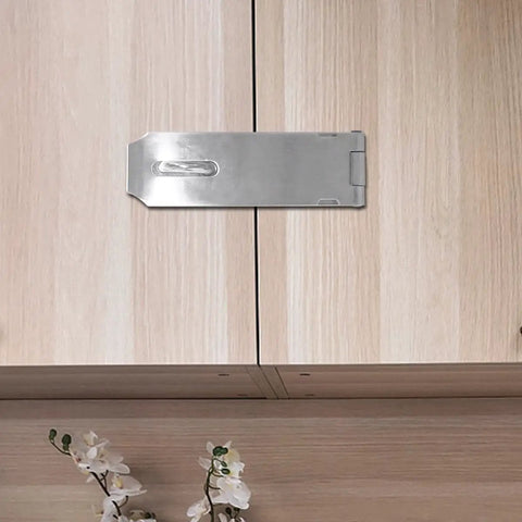 Two Pack Stainless Steel Gate Lock Hasp Set With Safety Packlock Clasp For Doors Cabinets Closets And More Built To Last Heavy Duty 5 Inch Silver Rustproof Door Lock System installed on wooden cabinet door