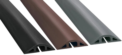D-2 Rubber Duct Cord Cover 36 Inch Gray Floor Cable Protector For Power Cables Ethernet Coax Phone Lines And More USA Made displayed in gray, brown, and black colors