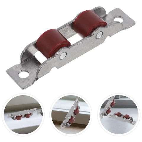 Four Pack Heavy Duty Stainless Steel Double Wheel Sliding Door Roller Assembly with Smooth Red Pulleys for Easy Operation.