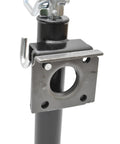 Front view of a 2000 lb flange-mount top-wind trailer jack with foot plate and 10 in lift range