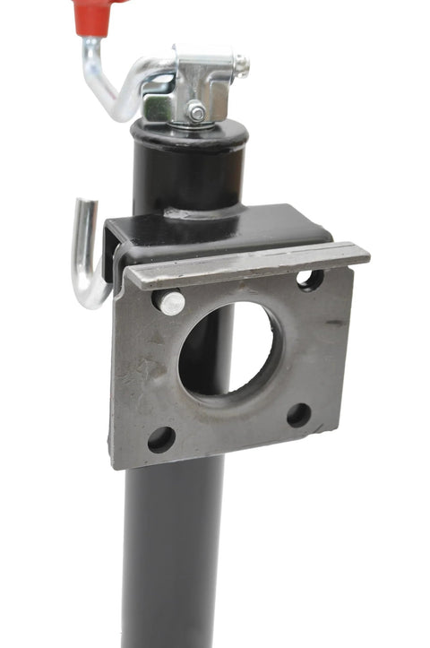 Front view of a 2000 lb flange-mount top-wind trailer jack with foot plate and 10 in lift range