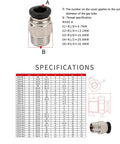 One Eighth Inch PT Male Thread 8mm Straight Pneumatic Push In Quick Fitting Connectors For PETF Tube shown with specifications chart