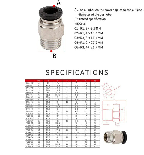 One Eighth Inch PT Male Thread 8mm Straight Pneumatic Push In Quick Fitting Connectors For PETF Tube shown with specifications chart